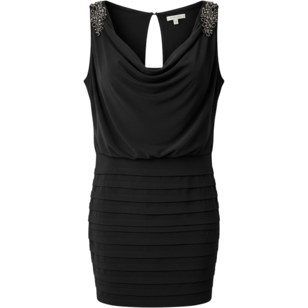 Cache Dress Size 6 Black Beaded Shoulder Cowl Neck Tiered Mini